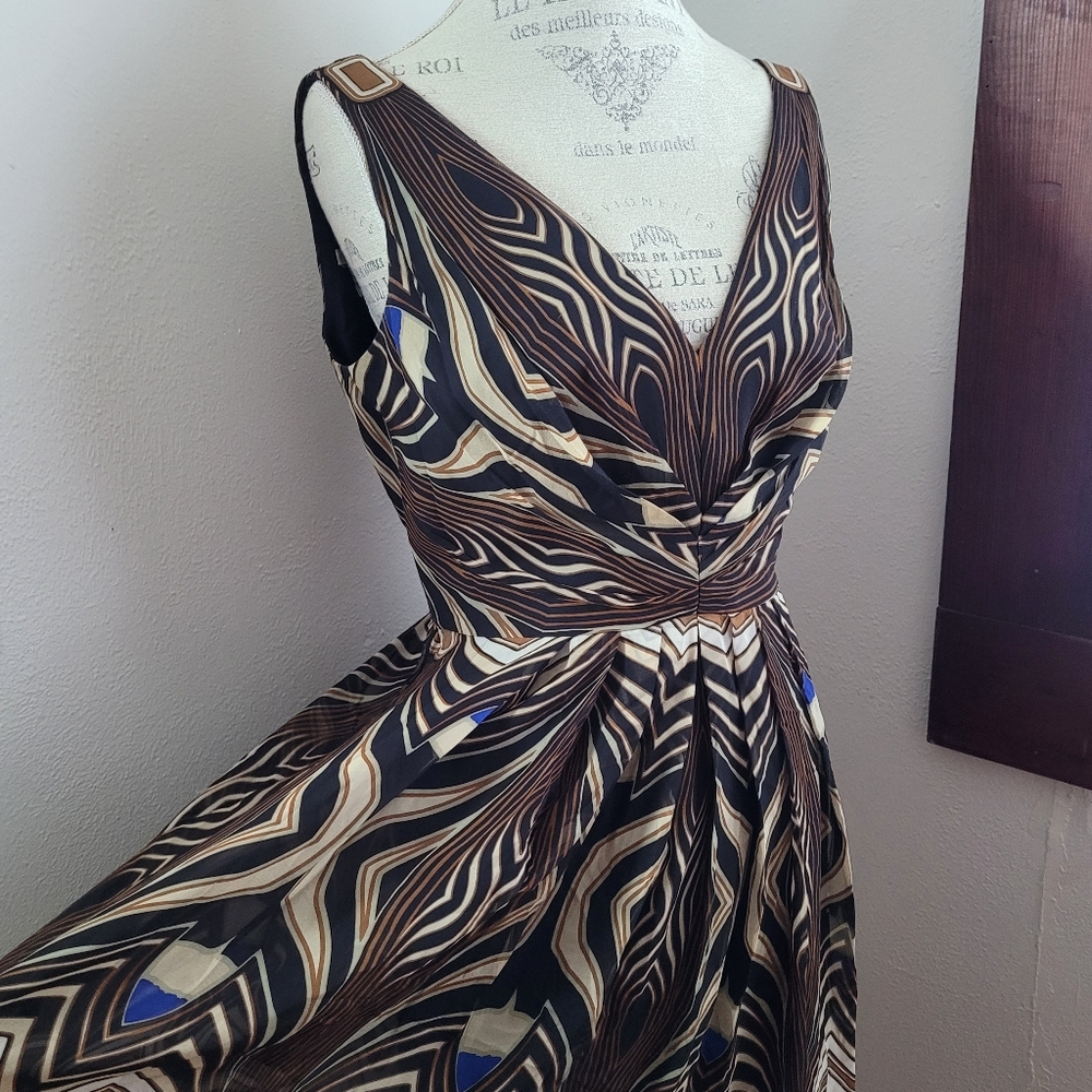 Stunning Maggy London 100% Silk Pattern 70s Art Deco Dress, Sz 10 M/L